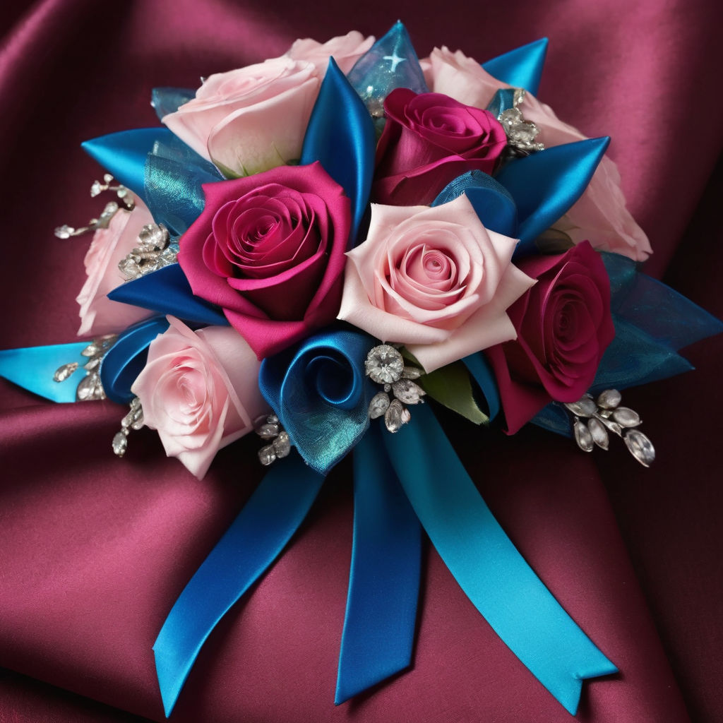 junior school prom corsage vibrant shades of pink and blue intertwining accented with glimmering r The Importance of Prom Corsages