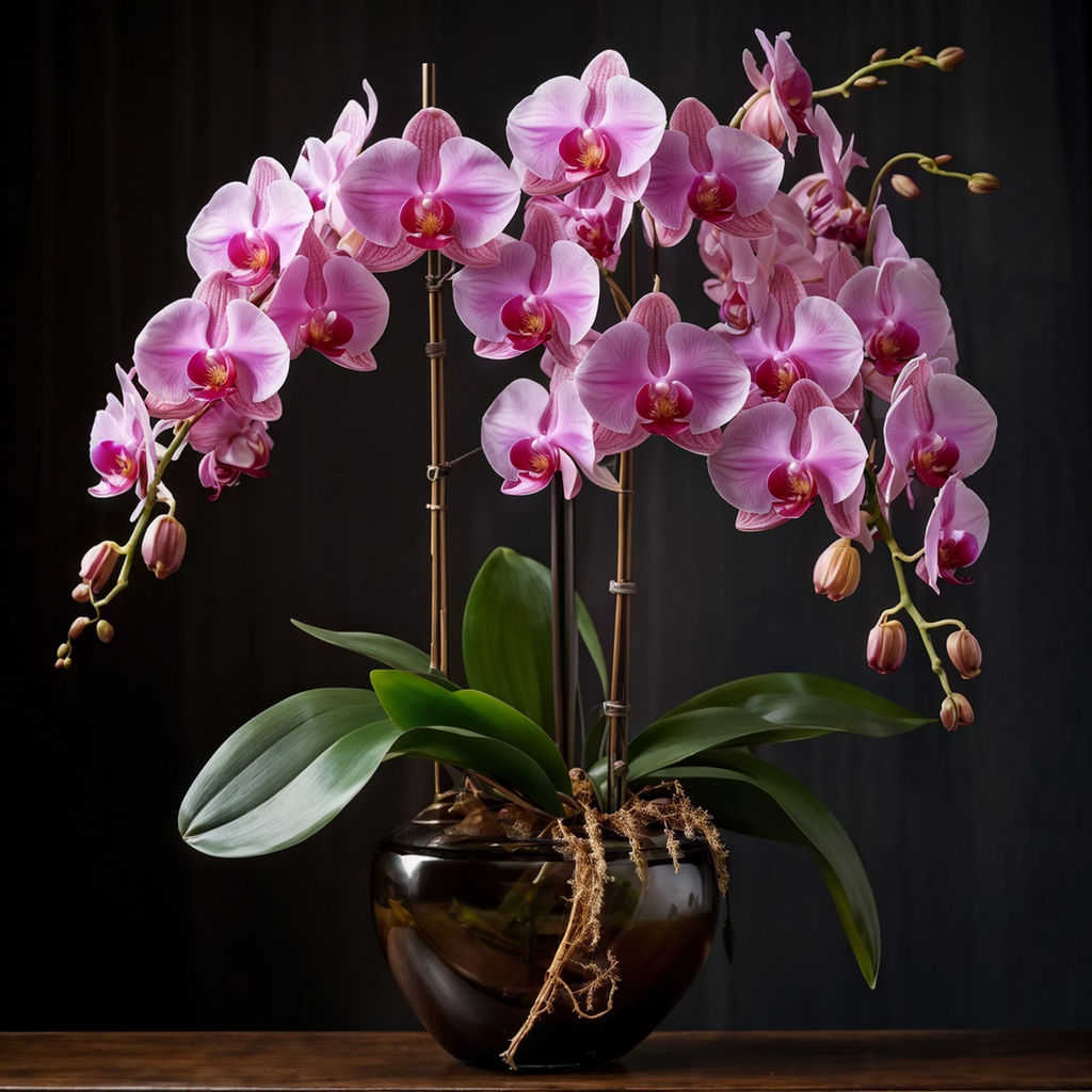 orchid arrangement in a glass vase centering tallest orchids gradual placement of shorter orchids Florist Tips for Creating Stunning Orchid Centerpieces
