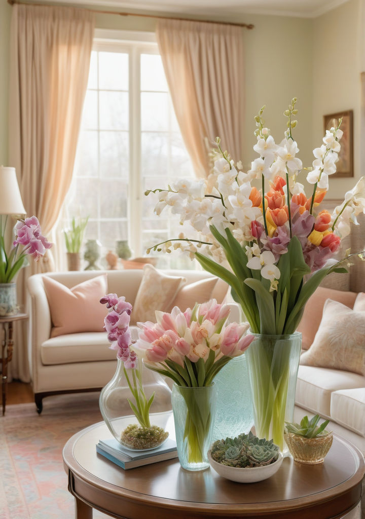 an elegant collection of flower arrangements in a bright welcoming living room delicate floral per1 The Perfect Housewarming Gift: Why Flower Arrangements Make the Best Present for Your Friends’ New Home