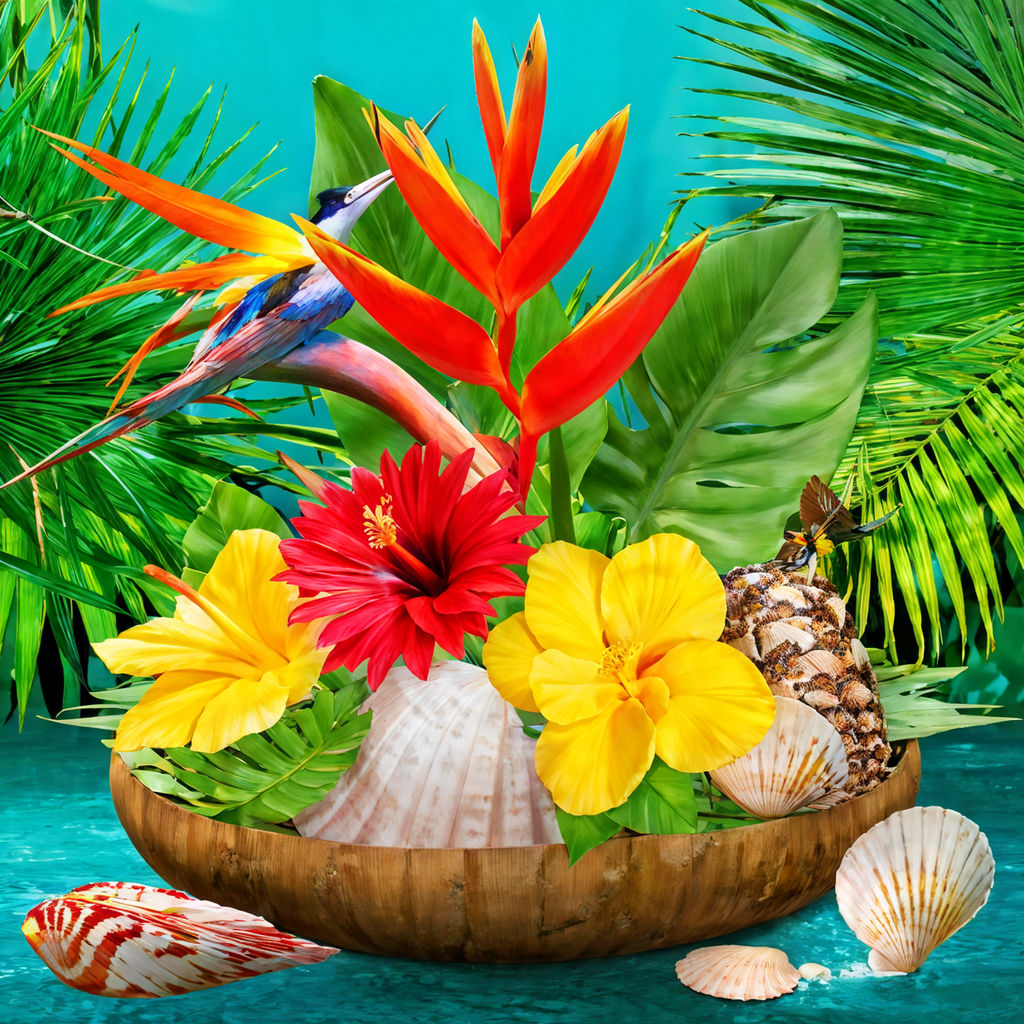 tropical flower arrangement boasting hibiscus bird of paradise heliconia intertwined with monster Best Flower Arrangements to Gift in Summer Time