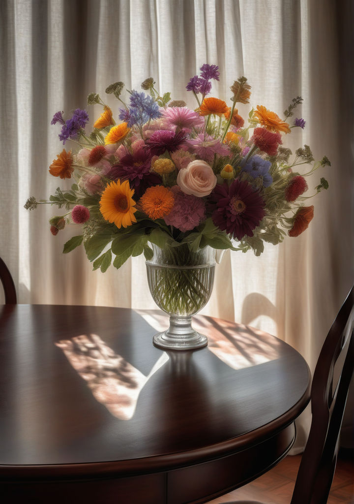 vibrant bouquet of mixed flowers arranged elegantly on an antique mahogany dining table minimalist The Perfect Housewarming Gift: Why Flower Arrangements Make the Best Present for Your Friends’ New Home