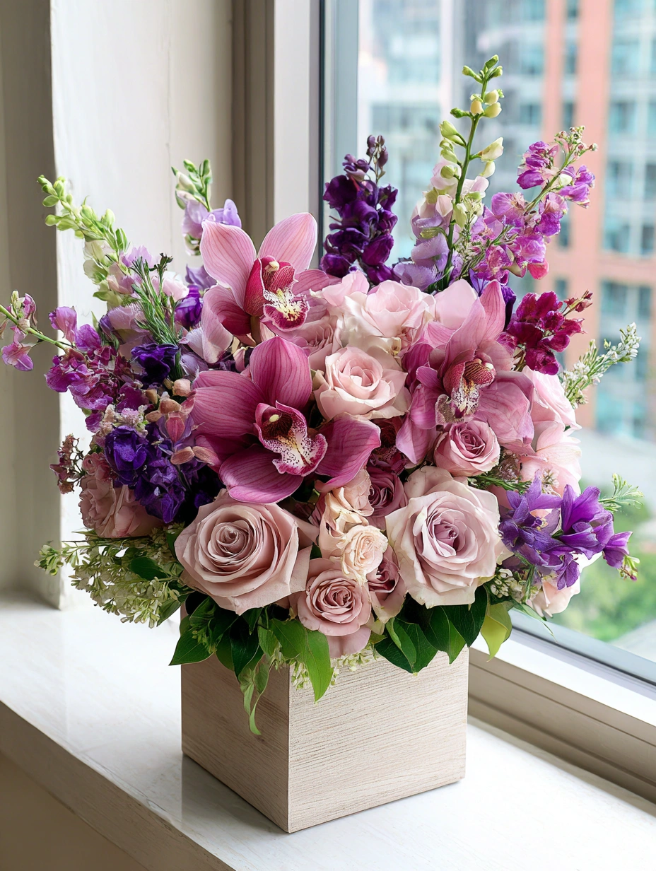 Pink and Purple Orchids and Roses