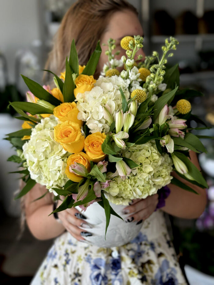 Louisa: yellow and white flower arrangement