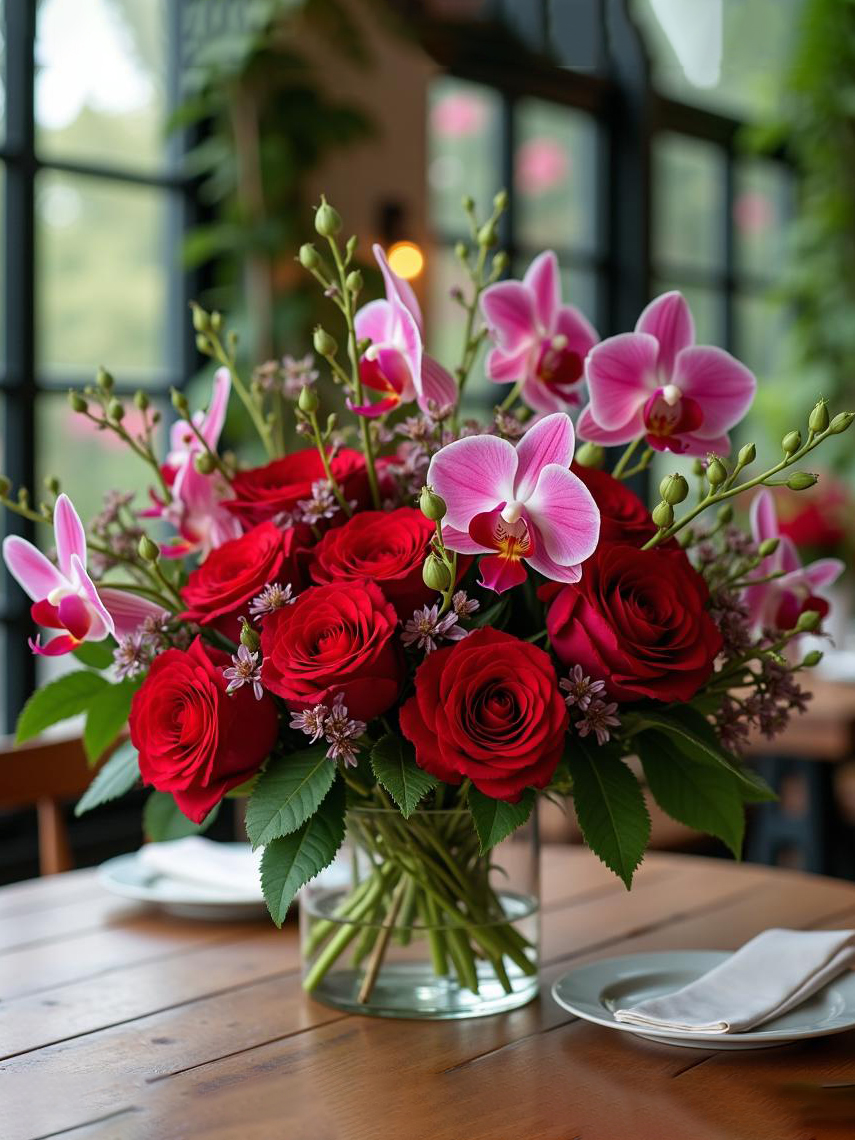 Dozen Roses with orchids: flower arrangement