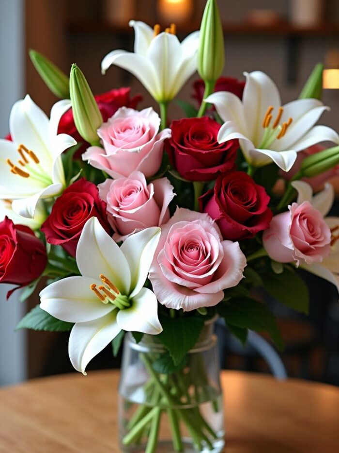 Dozen Roses with lilies