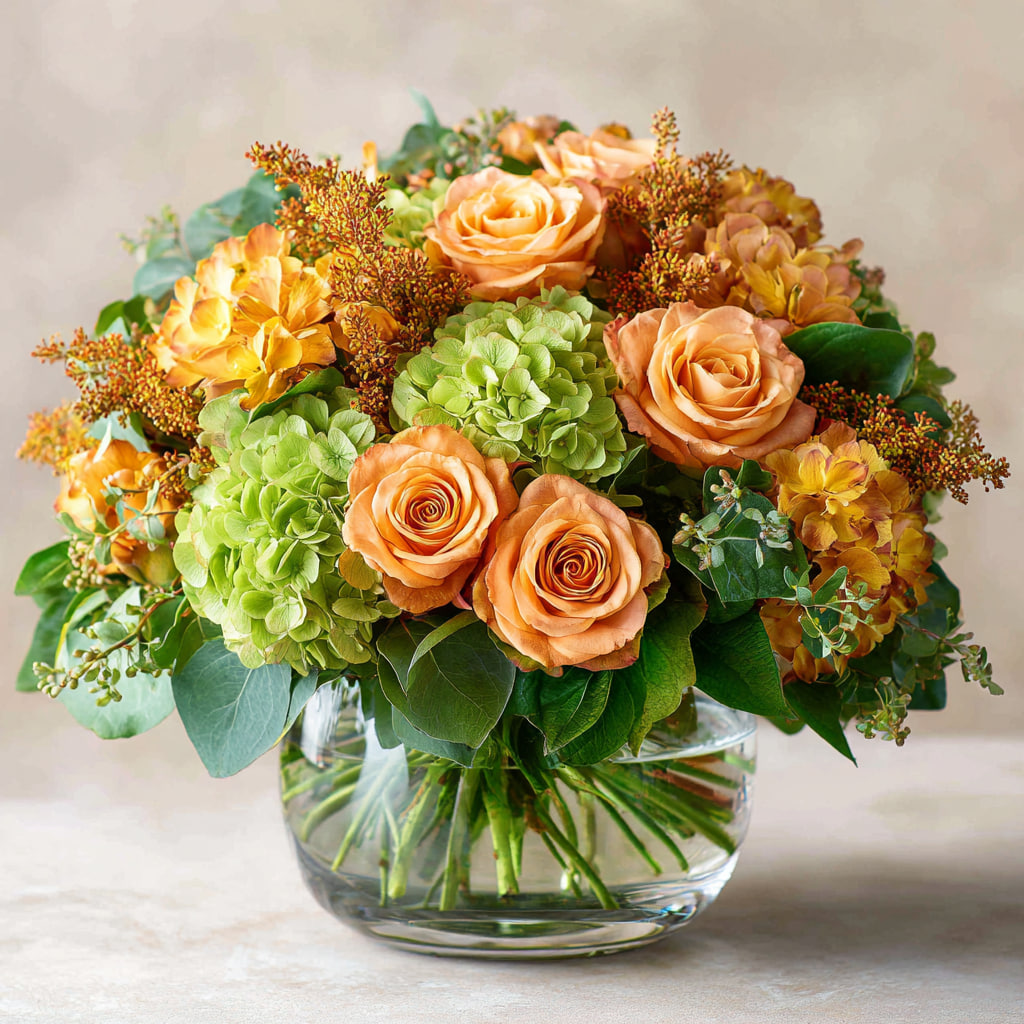 Autumn Rose & Hydrangea Vase Arrangement
