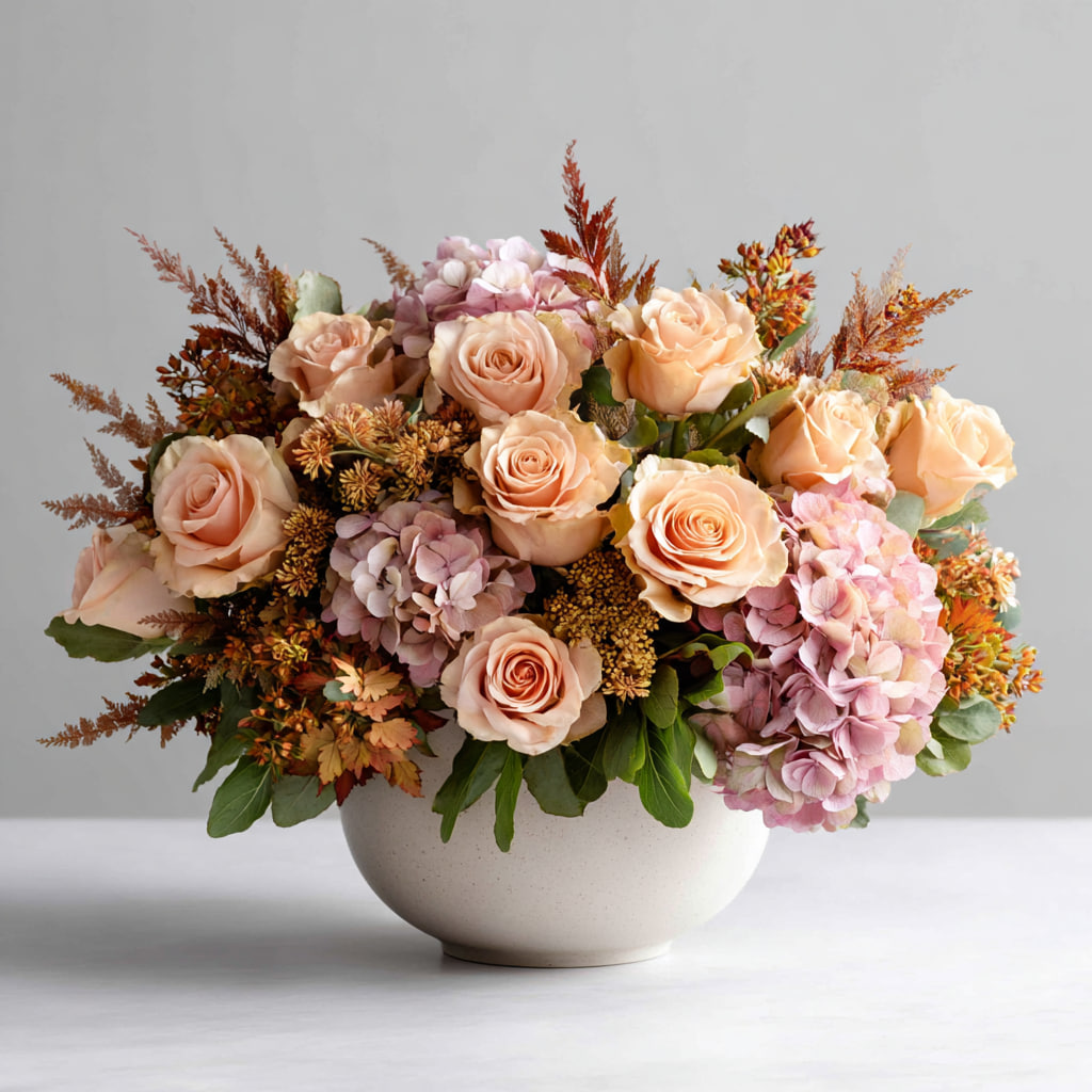 Autumn Whisper Blush Rose & Hydrangea Vase Arrangement