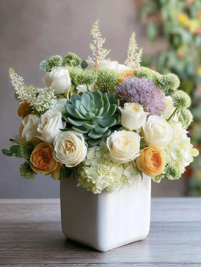 Succulent Garden: Cream & Green Rose Arrangement