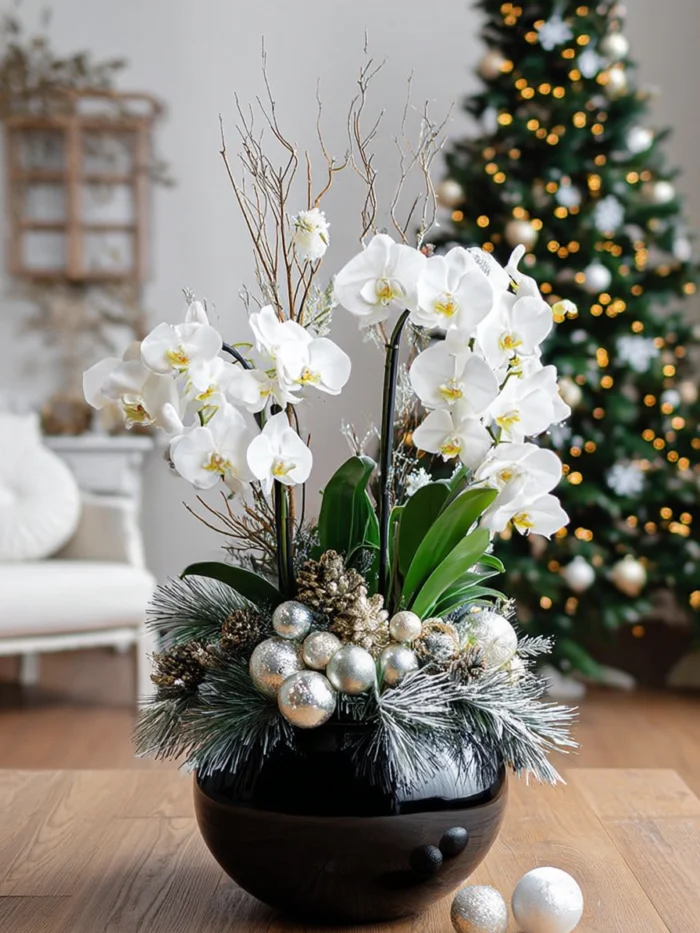 Frosted Elegance: White Orchid Winter Arrangement