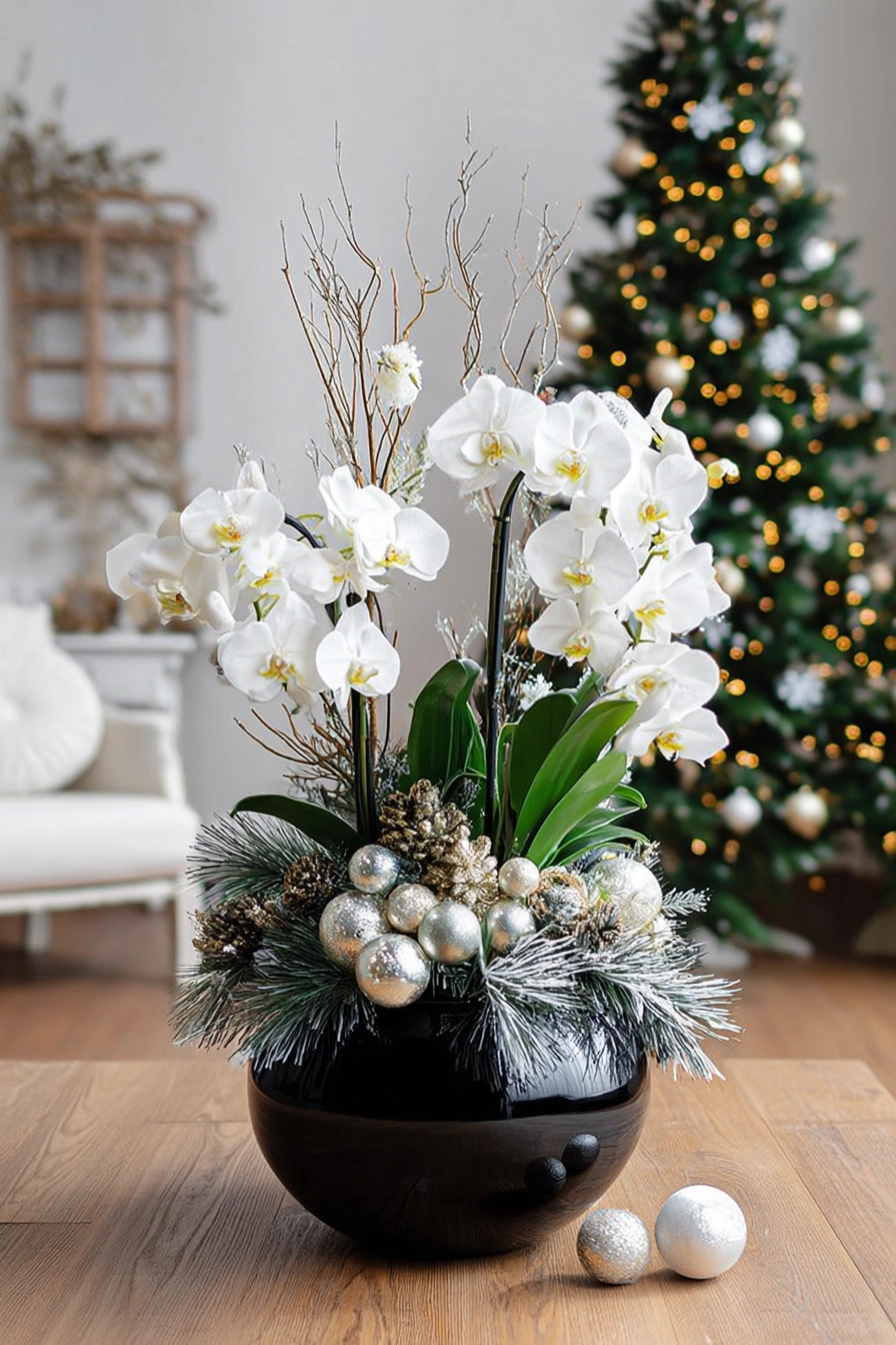 Frosted Elegance: White Orchid Winter Arrangement