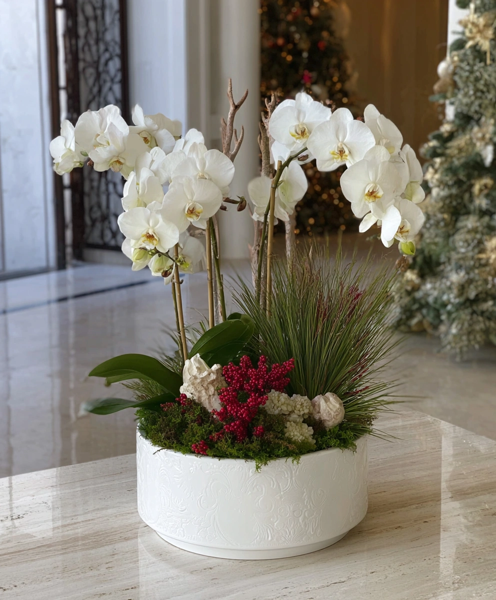 Winter's Embrace: White Orchid & Berry Arrangement