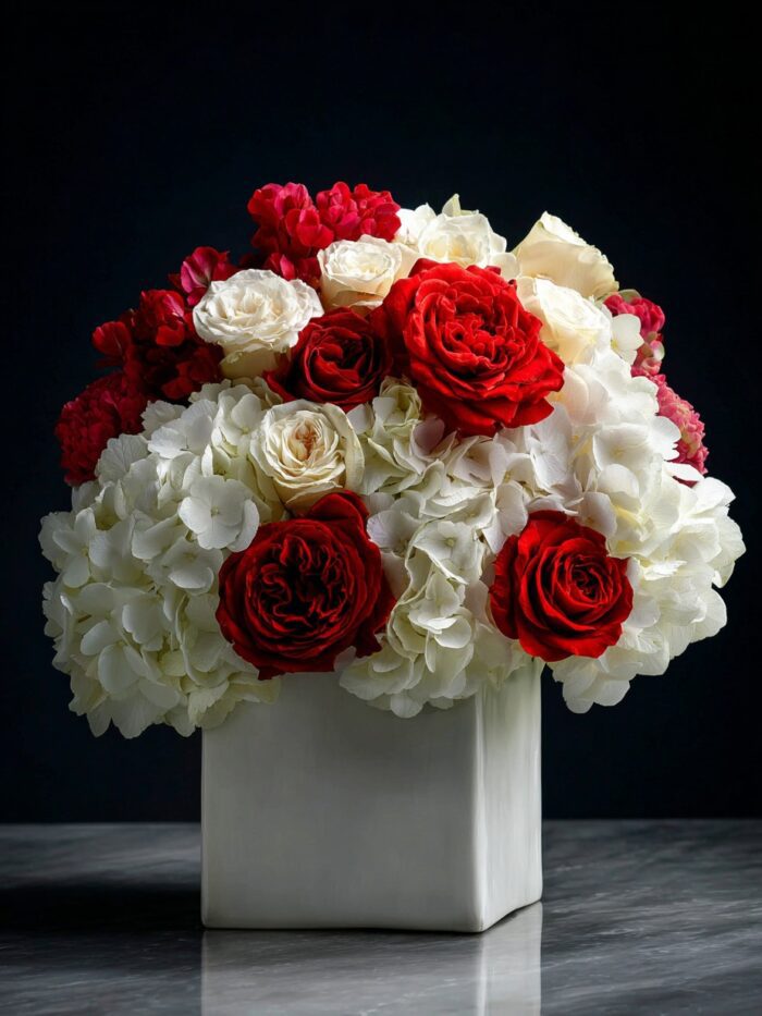 Red & White: Roses with Hydrangeas