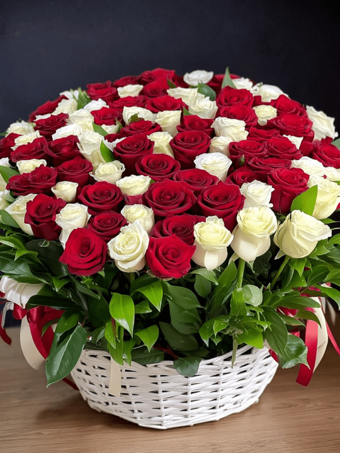 Two hundred one red and white roses basket.