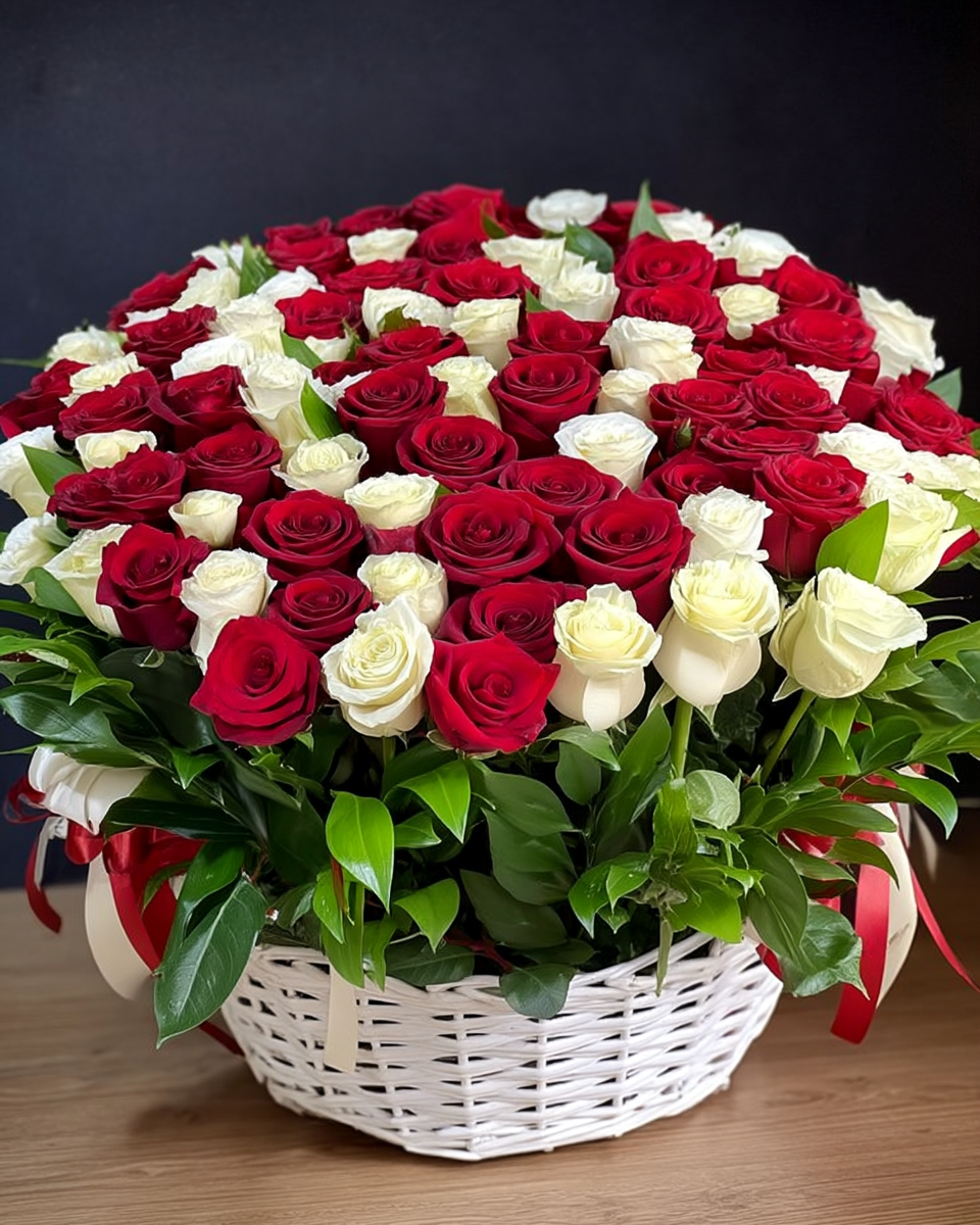 Two hundred one red and white roses basket.