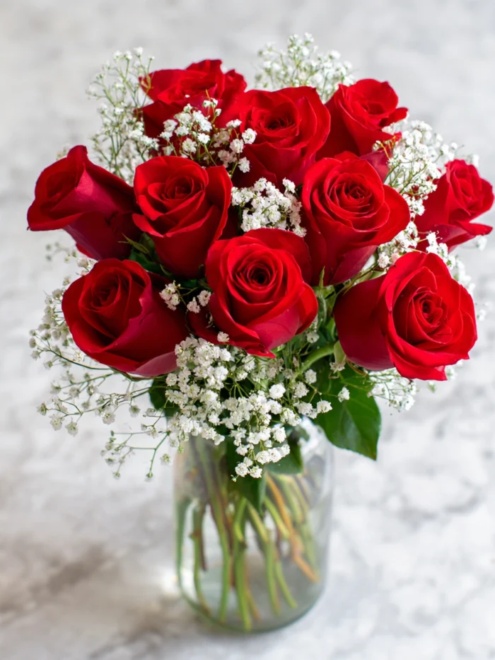 Dozen Red Roses: With Baby Breath