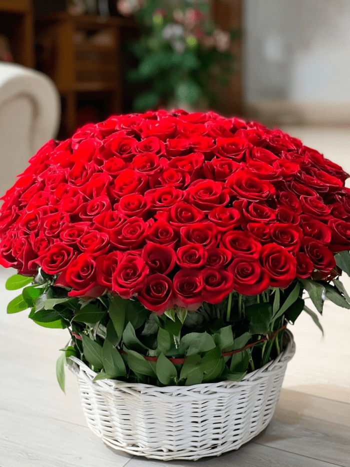 Two hundred one red roses basket.