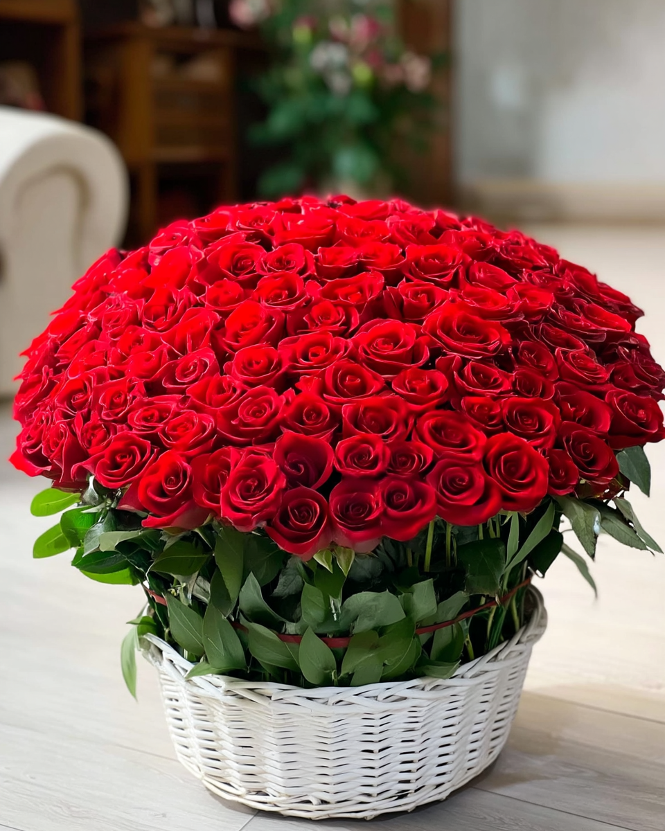 Two hundred one red roses basket.