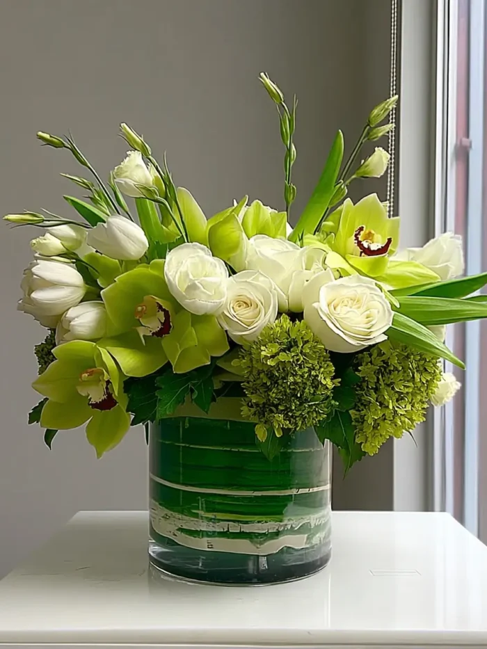 Tulips, Roses, Orchids Flower Bouquet In A Vase
