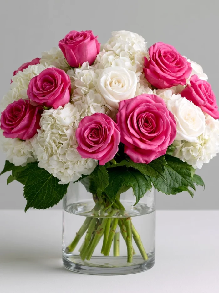 White_Hydrangeas_with_hot_pink_Roses_flower_arrangement