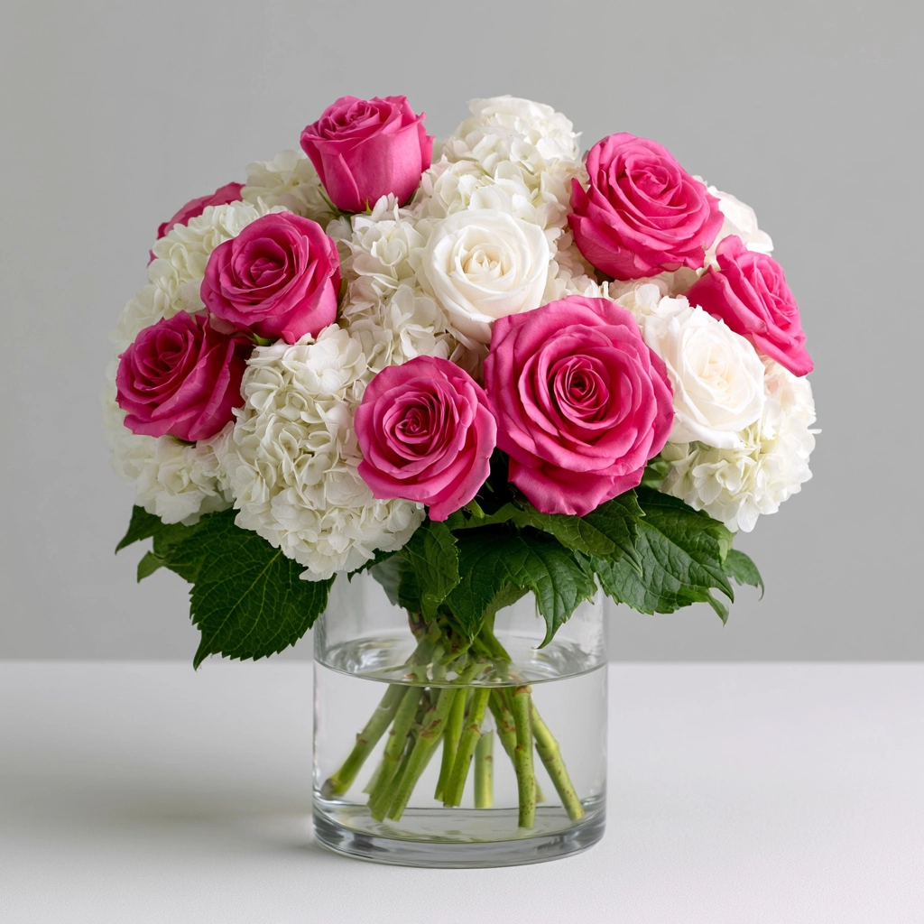 White_Hydrangeas_with_hot_pink_Roses_flower_arrangement