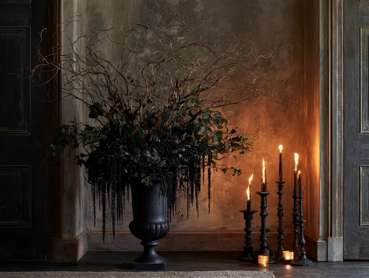 he Entryway (The Warning): Create a tall, dramatic floor arrangement. Use a large black