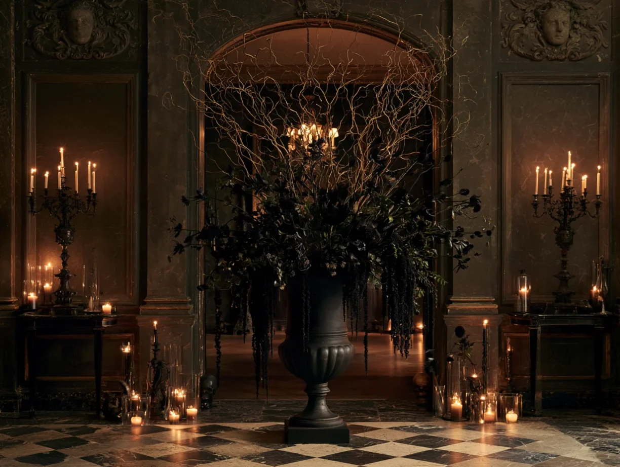 he Entryway (The Warning): Create a tall, dramatic floor arrangement. Use a large black
