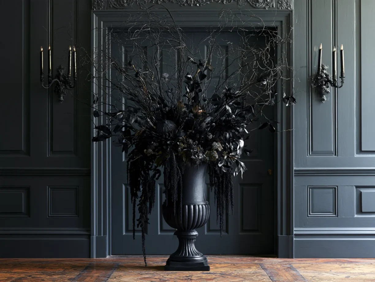 he Entryway (The Warning): Create a tall, dramatic floor arrangement. Use a large black